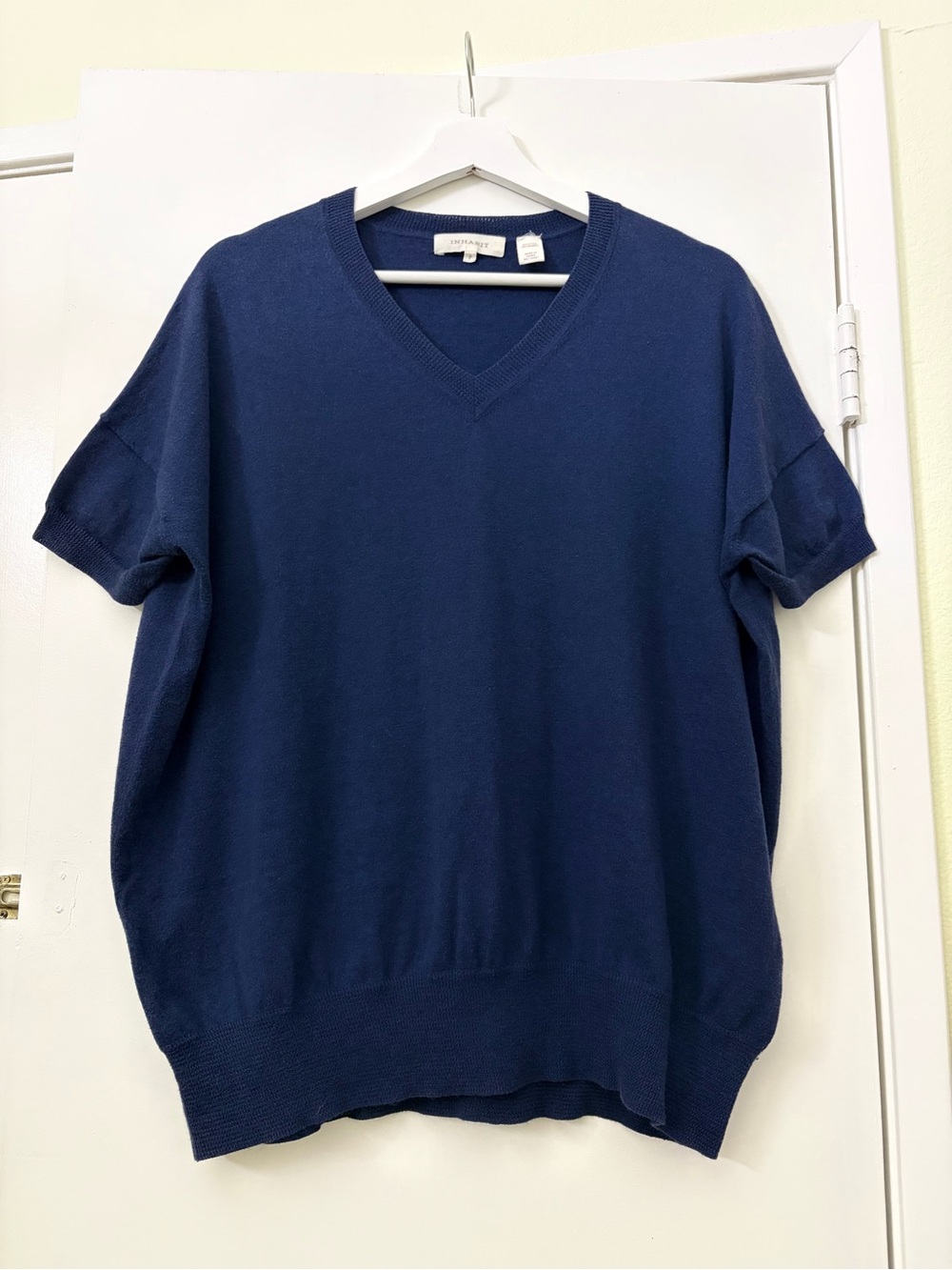 INHABIT Navy Cotton Cashmere Blend Short Sleeve Sweater Top Size P